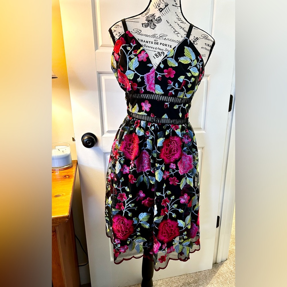 Nicole Miller Black Mini Dress with Pink Floral Embroidery - Picture 2 of 10